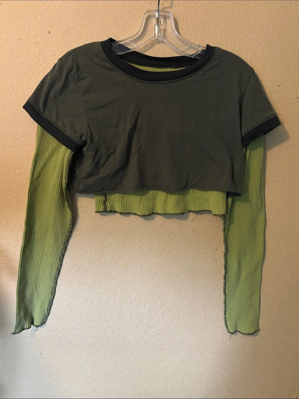 BDG Olive Green Crop Top with Lime Ribbed Layer - Picture 5 of 5